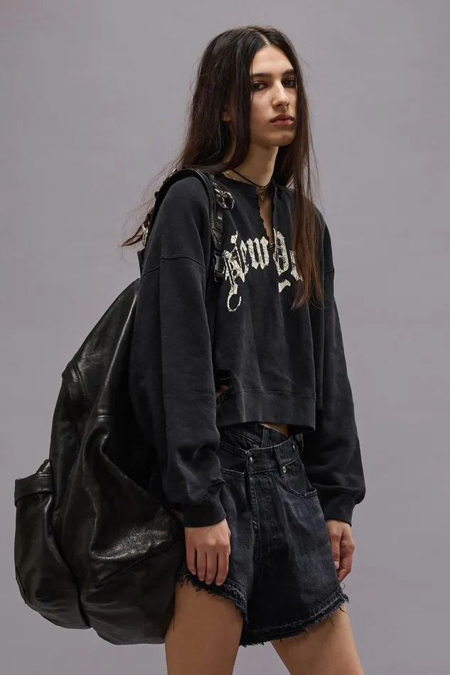 R13 Tops Women NEW YORK CROPPED CREWNECK WITH FRONT SLIT 8211 ACID BLACK