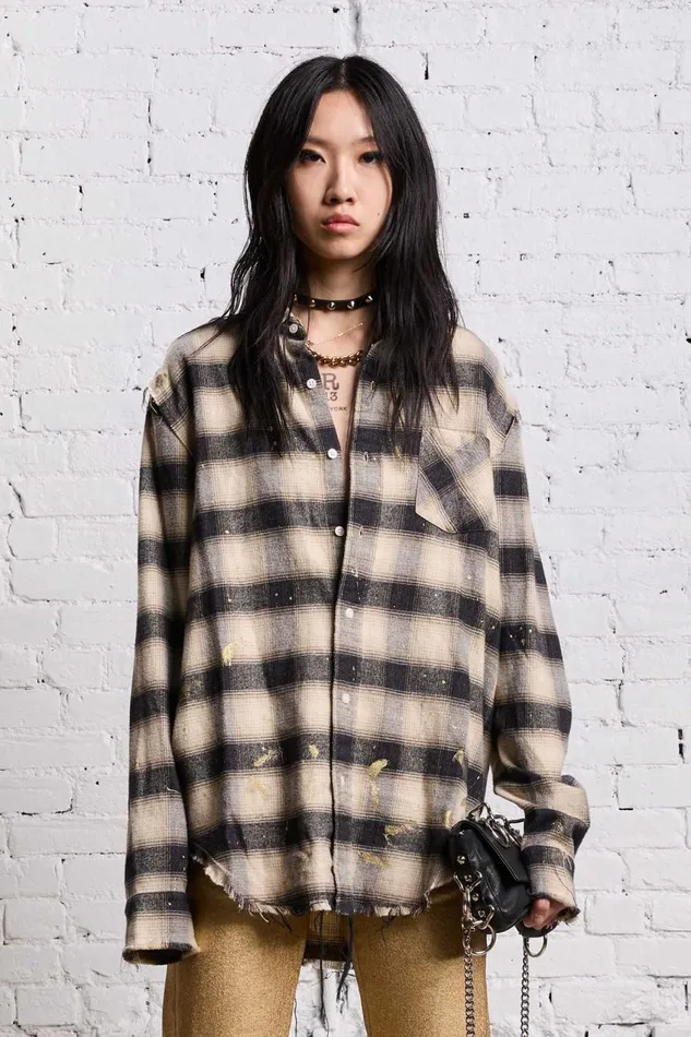 R13 Tops Women SHREDDED SEAM SHIRT 8211 GOLD SPLATTERED BLACK PLAID