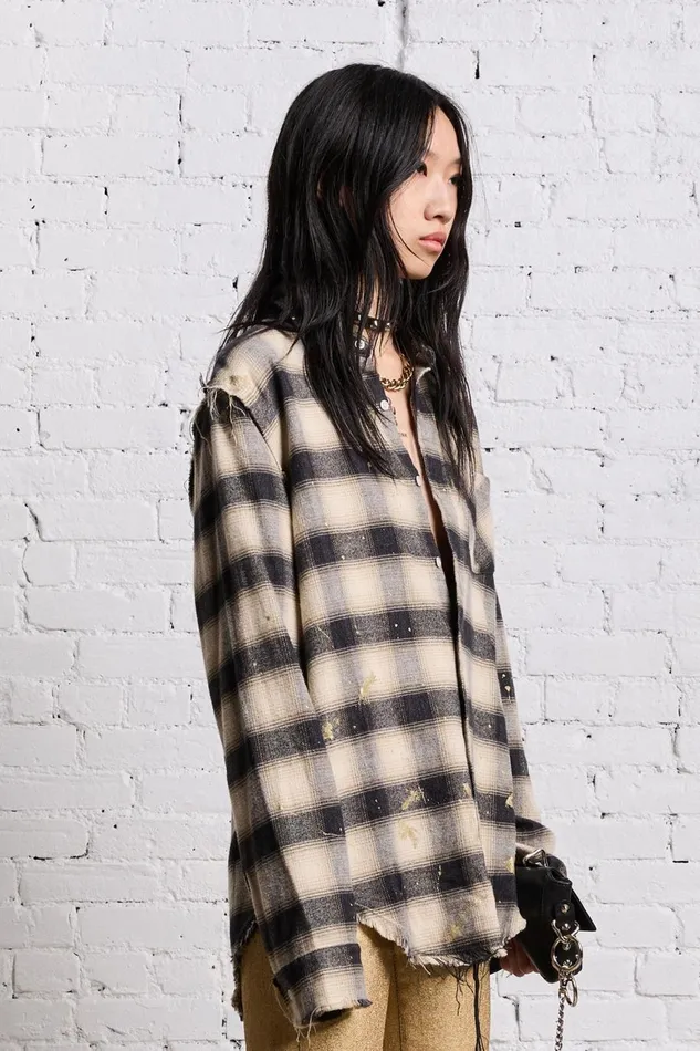 R13 Tops Women SHREDDED SEAM SHIRT 8211 GOLD SPLATTERED BLACK PLAID