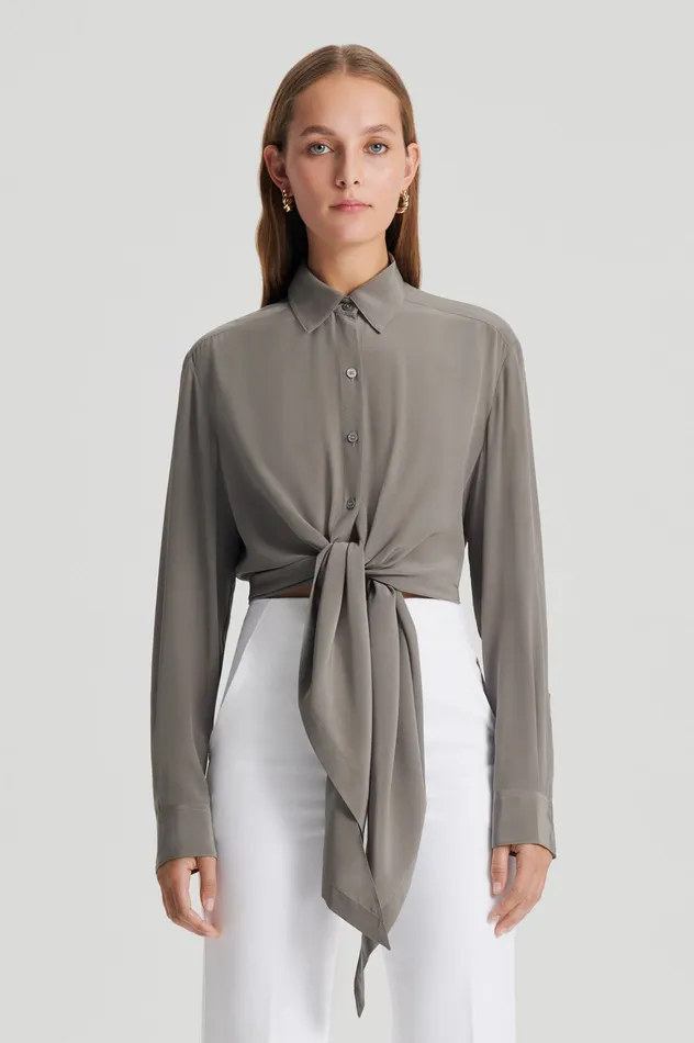 Scanlan Theodore SILK TIE FRONT SHIRT TAUPE Women Shirts Scanlan Theodore SILK TIE FRONT SHIRT TAUPE Women Shirts