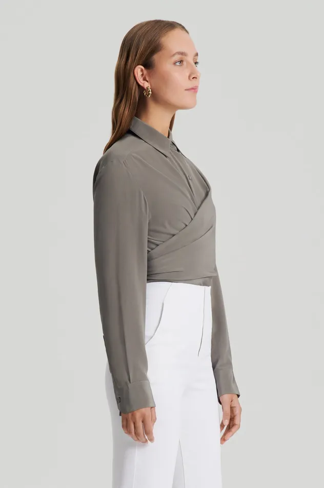 Scanlan Theodore SILK TIE FRONT SHIRT TAUPE Women Shirts Scanlan Theodore SILK TIE FRONT SHIRT TAUPE Women Shirts