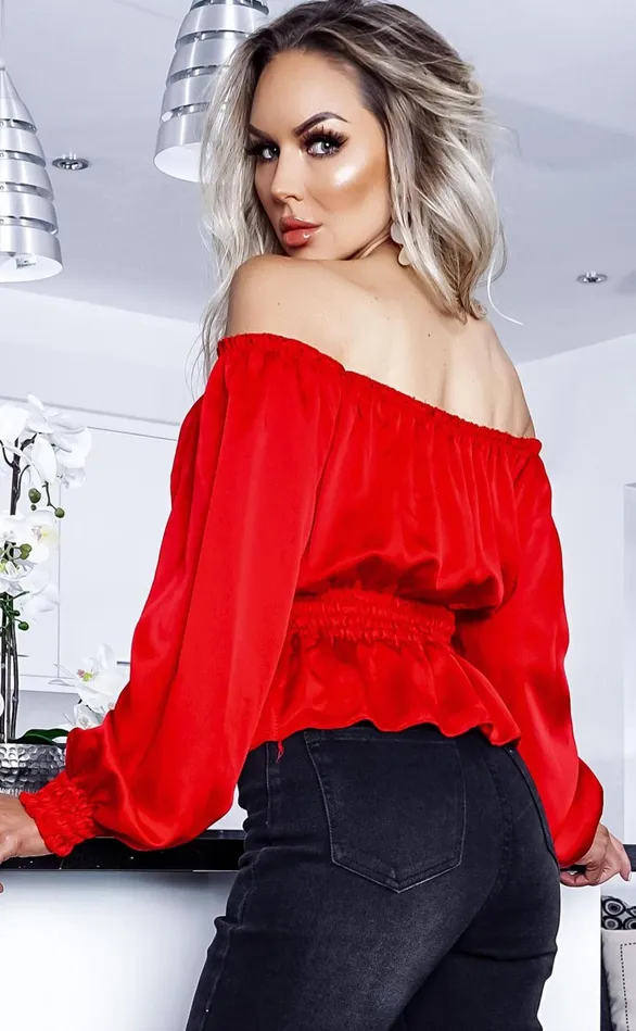 Serena Red Satin Bardot Cropped Top Women Missfiga Tops Serena Red Satin Bardot Cropped Top Women Missfiga Tops