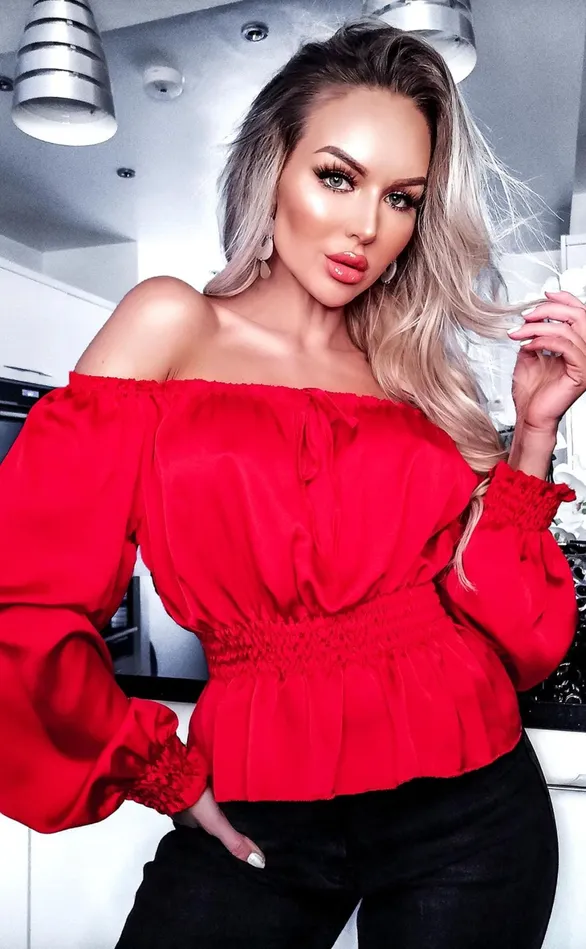 Serena Red Satin Bardot Cropped Top Women Missfiga Tops Serena Red Satin Bardot Cropped Top Women Missfiga Tops