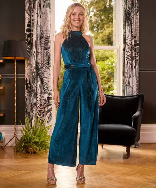 Statement Velour Jumpsuit Teal Jeans and Trousers Joebrowns Apparel Statement Velour Jumpsuit Teal Jeans and Trousers Joebrowns Apparel