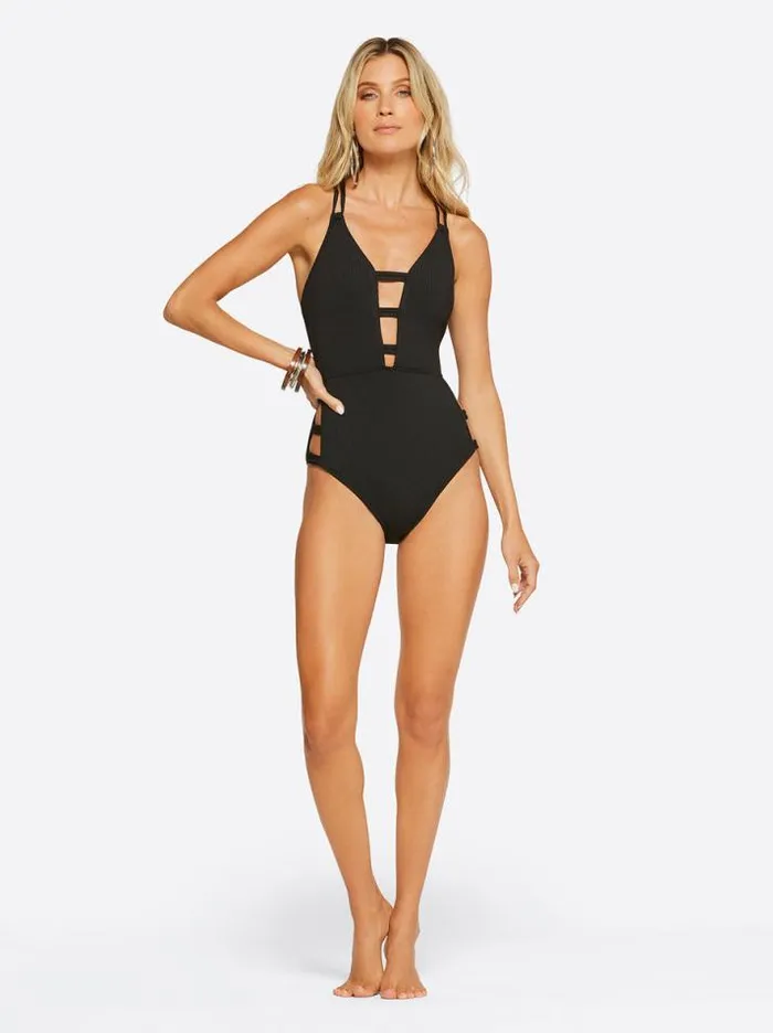Swim Clothing Jessica Simpson Textured Solids Plunge One Piece In Black