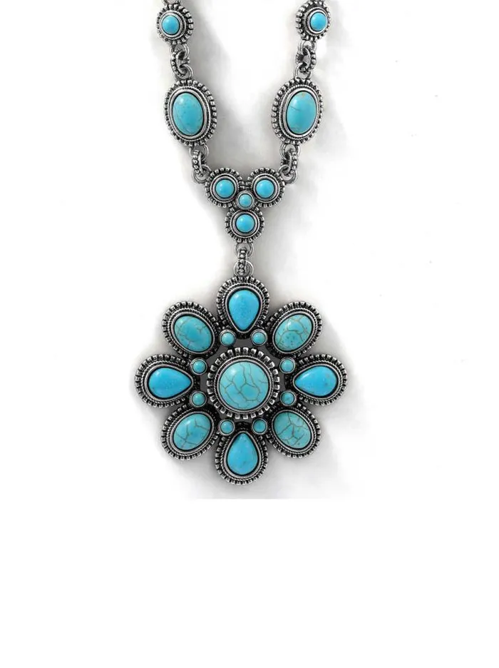 Turquoise Collection Accessories Jessica Simpson Large Turquoise Stone Flower Necklace In Silver