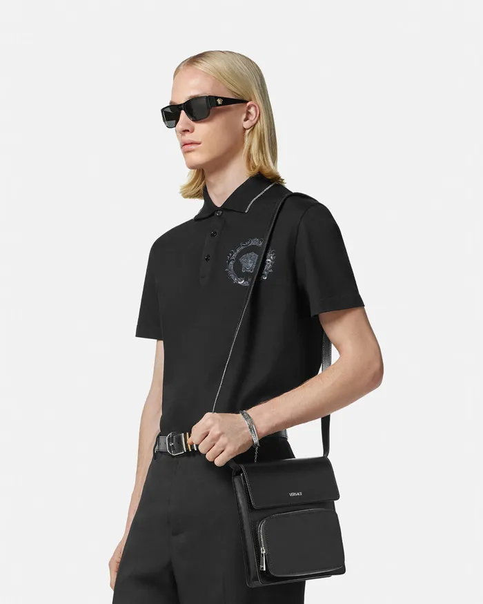 Versace Cargo Men Leather Crossbody Cargo Bag Blacksilver