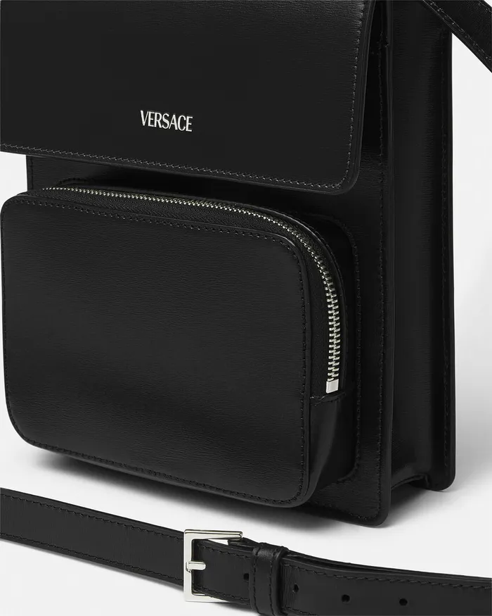 Versace Cargo Men Leather Crossbody Cargo Bag Blacksilver