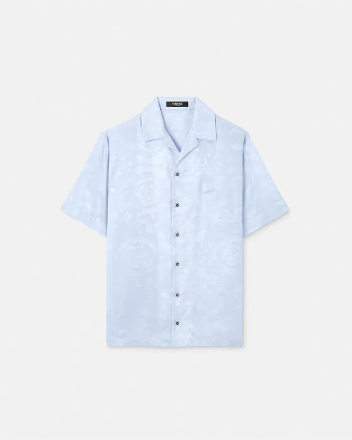 Versace Shirts Men Barocco Jacquard SilkBlend Shirt Light Blue