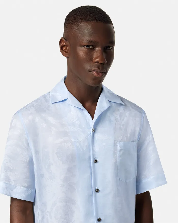 Versace Shirts Men Barocco Jacquard SilkBlend Shirt Light Blue