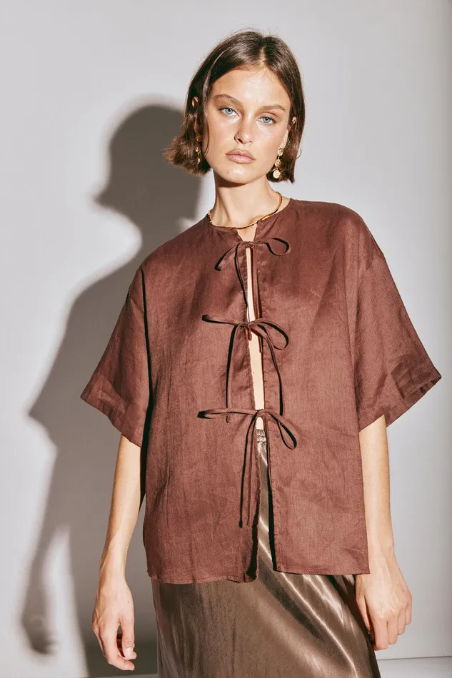 VRG GRL Naomi Linen Smock Top Umber Women Short Sleeve VRG GRL Naomi Linen Smock Top Umber Women Short Sleeve