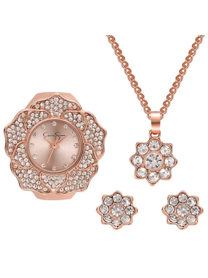 Watches Accessories Jessica Simpson Crystal Flower Ring Watch Pendant and Earring Set In Rose Gold Tone Watches Accessories Jessica Simpson Crystal Flower Ring Watch Pendant and Earring Set In Rose Gold Tone