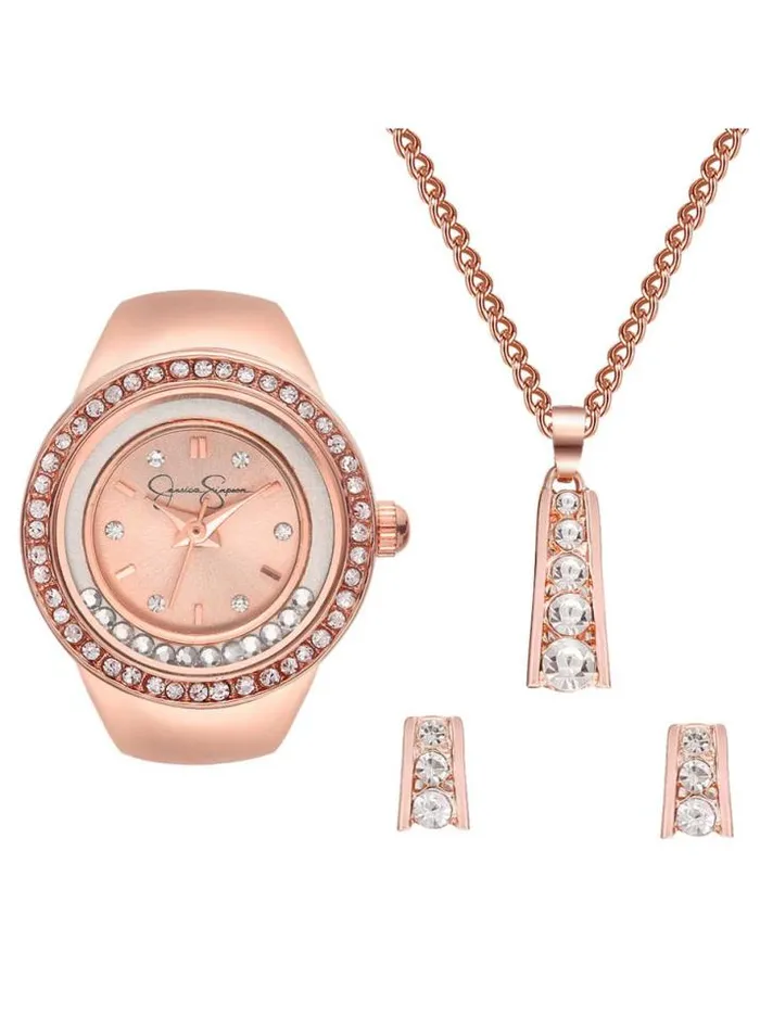 Watches Accessories Jessica Simpson Floating Crystal Ring Watch Pendant and Earring Set In Rose Gold Tone