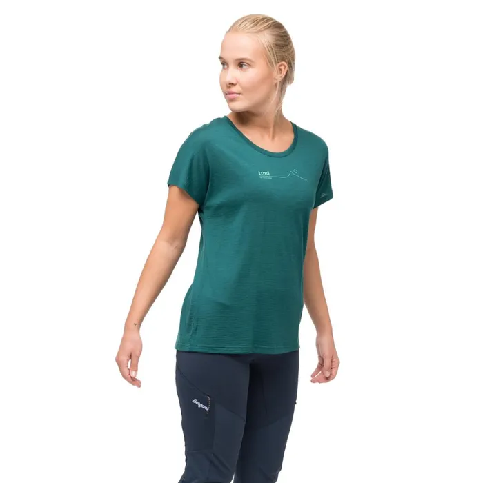 Women Bergans Of Norway TShirts Tind Crux Merino Tee Malachite Green Light Malachite Green Moon Peak