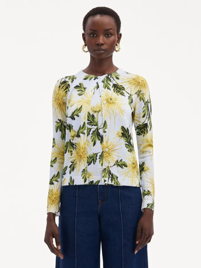 Women Blouses and Knits Oscar De La Renta Chrysanthemum Printed Cardigan Yellow Light Blue Women Blouses and Knits Oscar De La Renta Chrysanthemum Printed Cardigan Yellow Light Blue