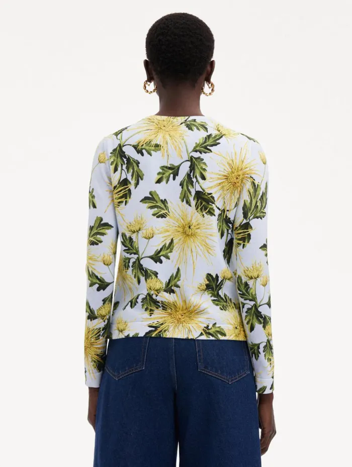 Women Blouses and Knits Oscar De La Renta Chrysanthemum Printed Cardigan Yellow Light Blue Women Blouses and Knits Oscar De La Renta Chrysanthemum Printed Cardigan Yellow Light Blue