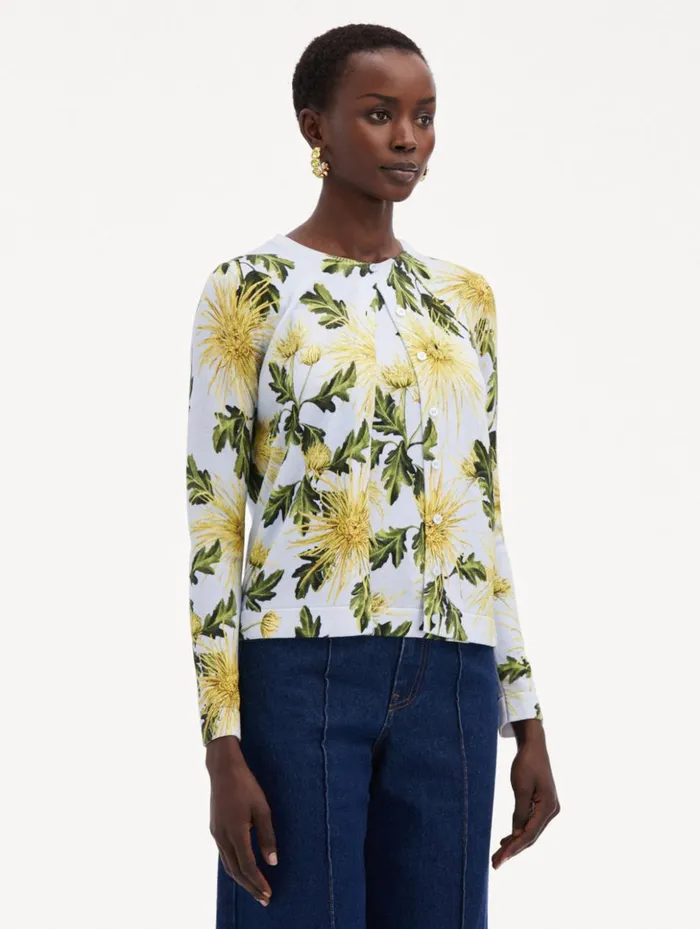 Women Blouses and Knits Oscar De La Renta Chrysanthemum Printed Cardigan Yellow Light Blue Women Blouses and Knits Oscar De La Renta Chrysanthemum Printed Cardigan Yellow Light Blue