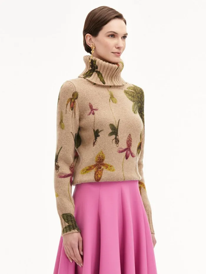 Women Blouses and Knits Oscar De La Renta Orchid Printed Turtleneck Pullover Brown Multi