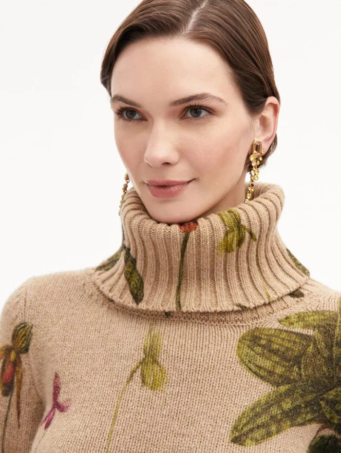 Women Blouses and Knits Oscar De La Renta Orchid Printed Turtleneck Pullover Brown Multi