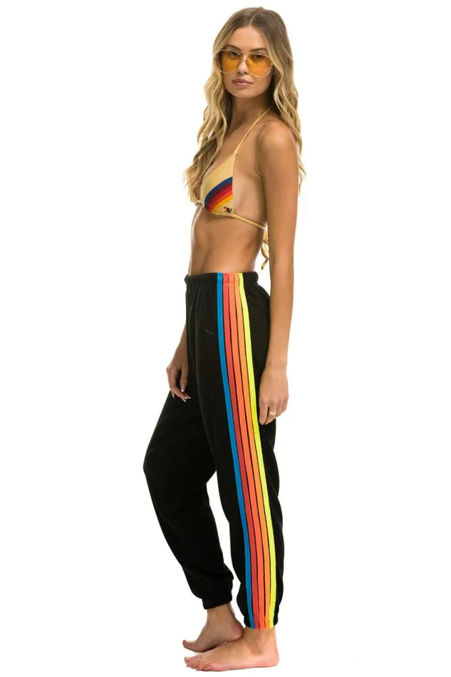 Women Bottoms Aviator Nation 5 STRIPE SWEATPANTS 8211 BLACK NEON RAINBOW STRIPES