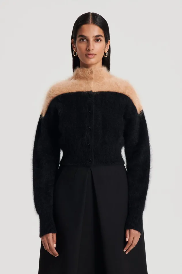 Women CASHMERE BRUSHED CARDIGAN BLACKCAMEL Tops Scanlan Theodore Women CASHMERE BRUSHED CARDIGAN BLACKCAMEL Tops Scanlan Theodore