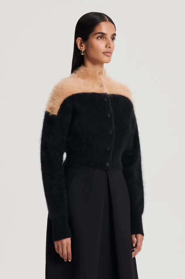 Women CASHMERE BRUSHED CARDIGAN BLACKCAMEL Tops Scanlan Theodore Women CASHMERE BRUSHED CARDIGAN BLACKCAMEL Tops Scanlan Theodore