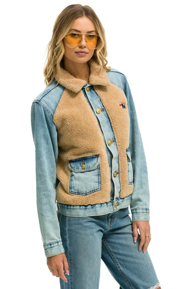 Women Denim Aviator Nation ASPEN SHERPA UNISEX DENIM JACKET 8211 VINTAGE WHEAT