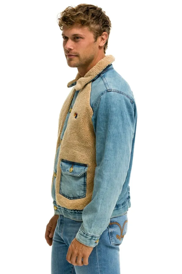 Women Denim Aviator Nation ASPEN SHERPA UNISEX DENIM JACKET 8211 VINTAGE WHEAT