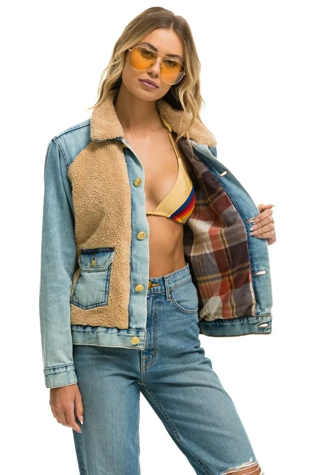 Women Denim Aviator Nation ASPEN SHERPA UNISEX DENIM JACKET 8211 VINTAGE WHEAT