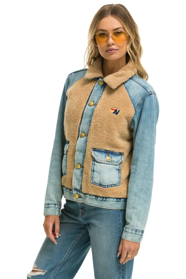 Women Denim Aviator Nation ASPEN SHERPA UNISEX DENIM JACKET 8211 VINTAGE WHEAT