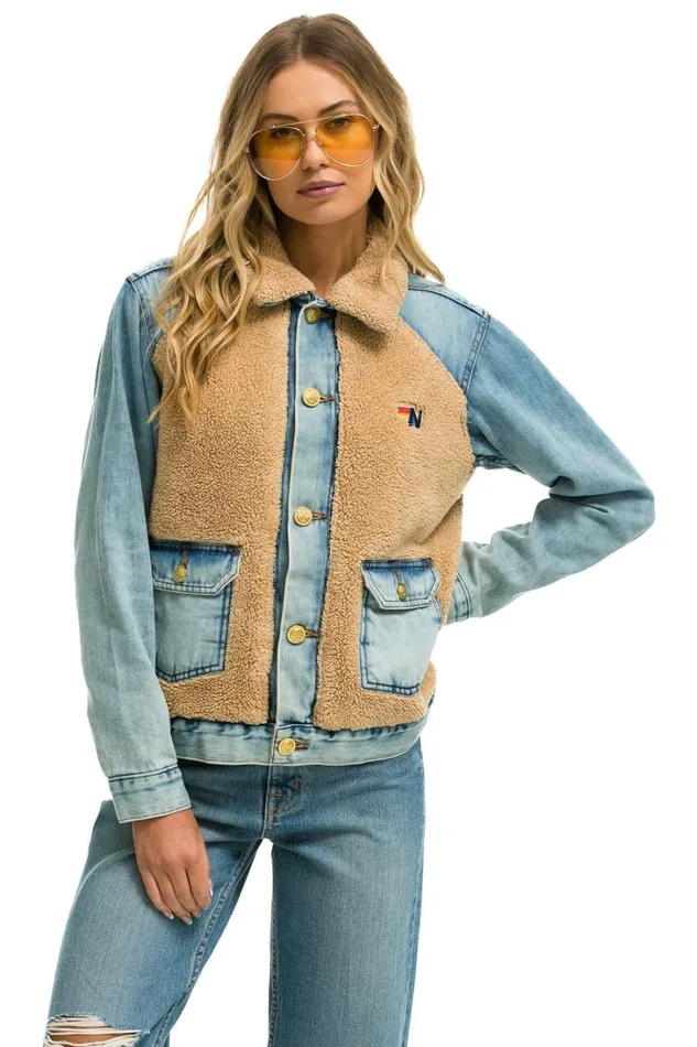Women Denim Aviator Nation ASPEN SHERPA UNISEX DENIM JACKET 8211 VINTAGE WHEAT