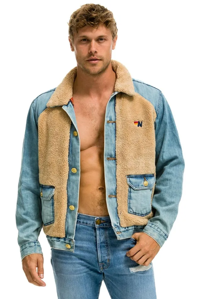 Women Denim Aviator Nation ASPEN SHERPA UNISEX DENIM JACKET 8211 VINTAGE WHEAT