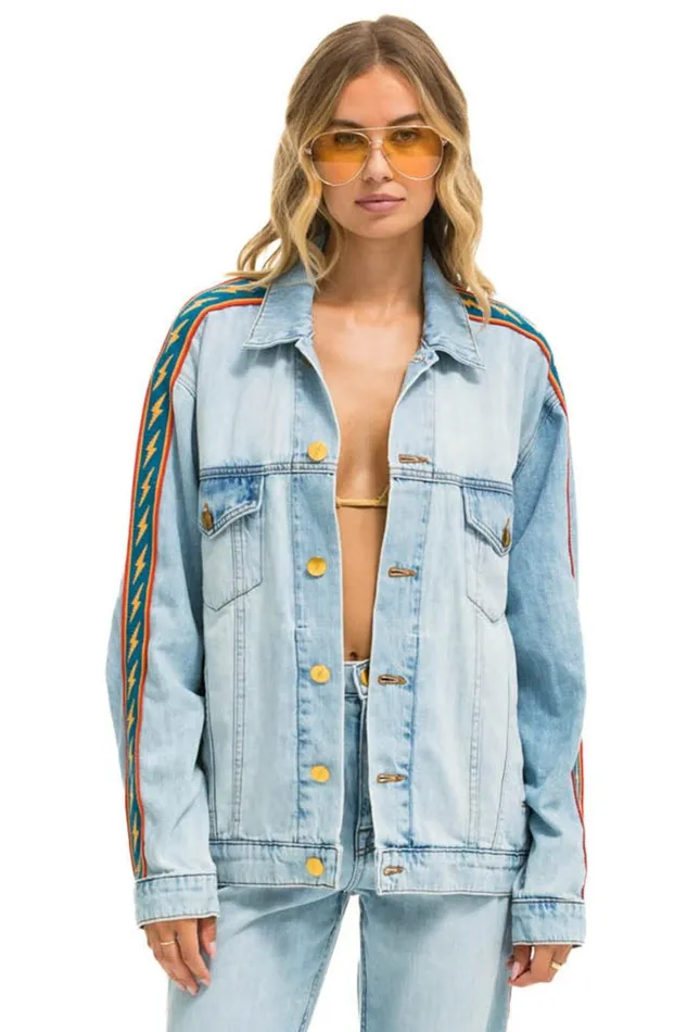 Women Denim Aviator Nation BOLT STRIPE OVERSIZED CONCERT DENIM JACKET 8211 SUPER LIGHT Women Denim Aviator Nation BOLT STRIPE OVERSIZED CONCERT DENIM JACKET 8211 SUPER LIGHT