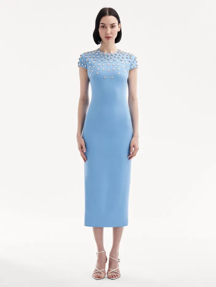 Women Dresses Oscar De La Renta Crystal Embroidered Cap Sleeve Dress Pastel Blue Women Dresses Oscar De La Renta Crystal Embroidered Cap Sleeve Dress Pastel Blue