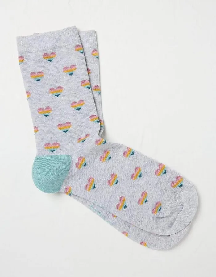 Women FatFace Underwear Socks and Tights 1 Pack Rainbow Heart Socks Light Grey Marl