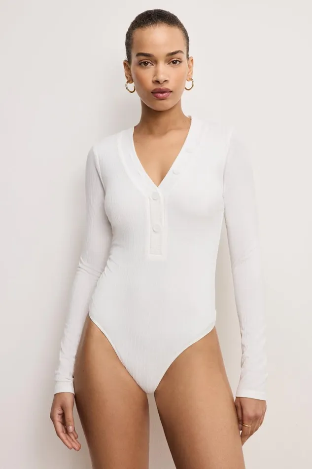 Women GOOD AMERICAN Tops RIBBED HENLEYBODYSUIT Ivory001 Women GOOD AMERICAN Tops RIBBED HENLEYBODYSUIT Ivory001
