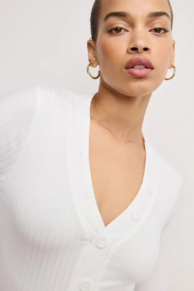 Women GOOD AMERICAN Tops RIBBED HENLEYBODYSUIT Ivory001 Women GOOD AMERICAN Tops RIBBED HENLEYBODYSUIT Ivory001