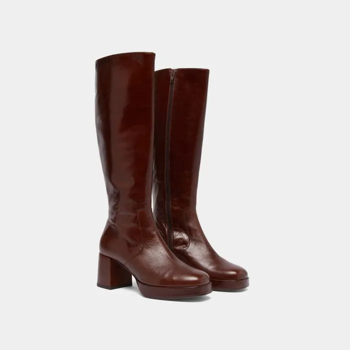 Women Heeled Platform Boots Brown JONAK Boots Thighhigh Boots