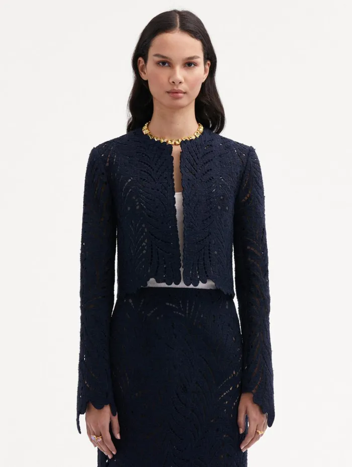 Women Jackets and Coats Oscar De La Renta Fern Cutout Tweed Jacket Navy Women Jackets and Coats Oscar De La Renta Fern Cutout Tweed Jacket Navy