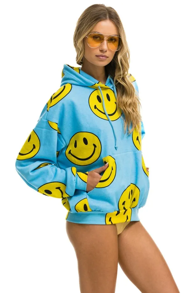 WomenMen Tops Aviator Nation SMILEY REPEAT RELAXED PULLOVER HOODIE 8211 SKY WomenMen Tops Aviator Nation SMILEY REPEAT RELAXED PULLOVER HOODIE 8211 SKY
