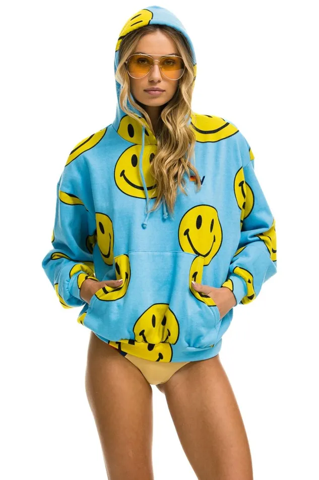WomenMen Tops Aviator Nation SMILEY REPEAT RELAXED PULLOVER HOODIE 8211 SKY WomenMen Tops Aviator Nation SMILEY REPEAT RELAXED PULLOVER HOODIE 8211 SKY