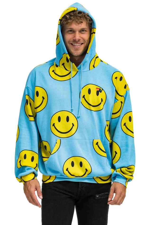 WomenMen Tops Aviator Nation SMILEY REPEAT RELAXED PULLOVER HOODIE 8211 SKY WomenMen Tops Aviator Nation SMILEY REPEAT RELAXED PULLOVER HOODIE 8211 SKY