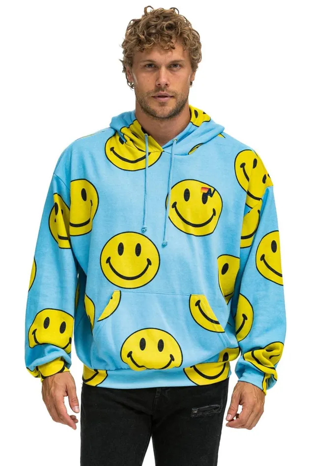 WomenMen Tops Aviator Nation SMILEY REPEAT RELAXED PULLOVER HOODIE 8211 SKY WomenMen Tops Aviator Nation SMILEY REPEAT RELAXED PULLOVER HOODIE 8211 SKY
