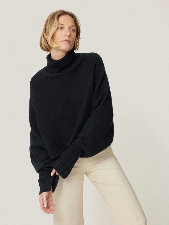 Women Merino Poncho Jumper Navy Jigsaw Knitwear and Cashmere