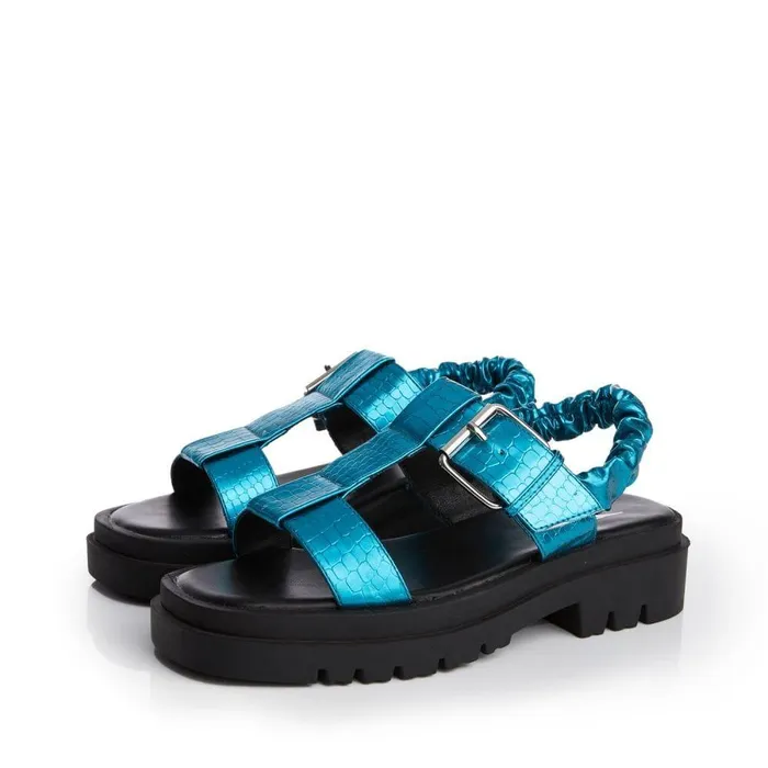 Women Moda In Pelle Flatform Sandals M By Moda Ofelia Aqua Blue Patent Mocc Croc