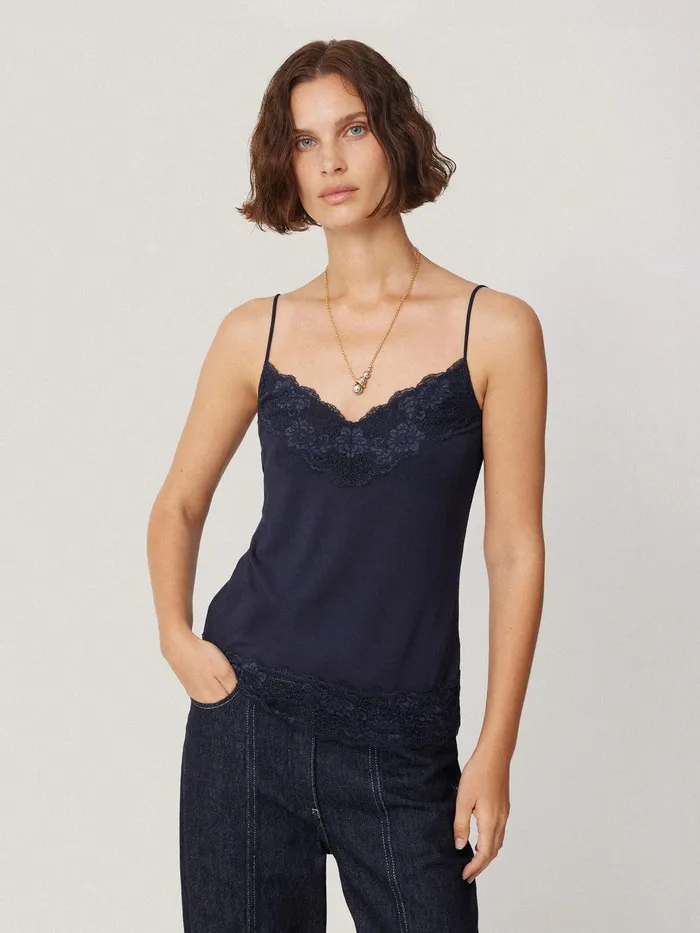 Women Modal Lace Vest Navy Jigsaw Shirts and Tops