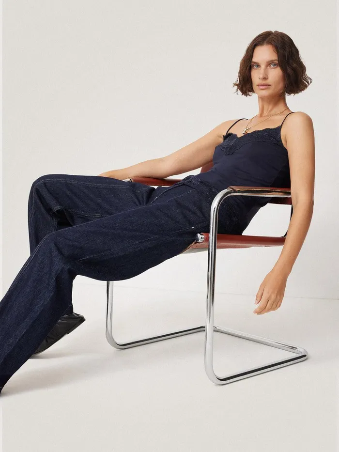 Women Modal Lace Vest Navy Jigsaw Shirts and Tops