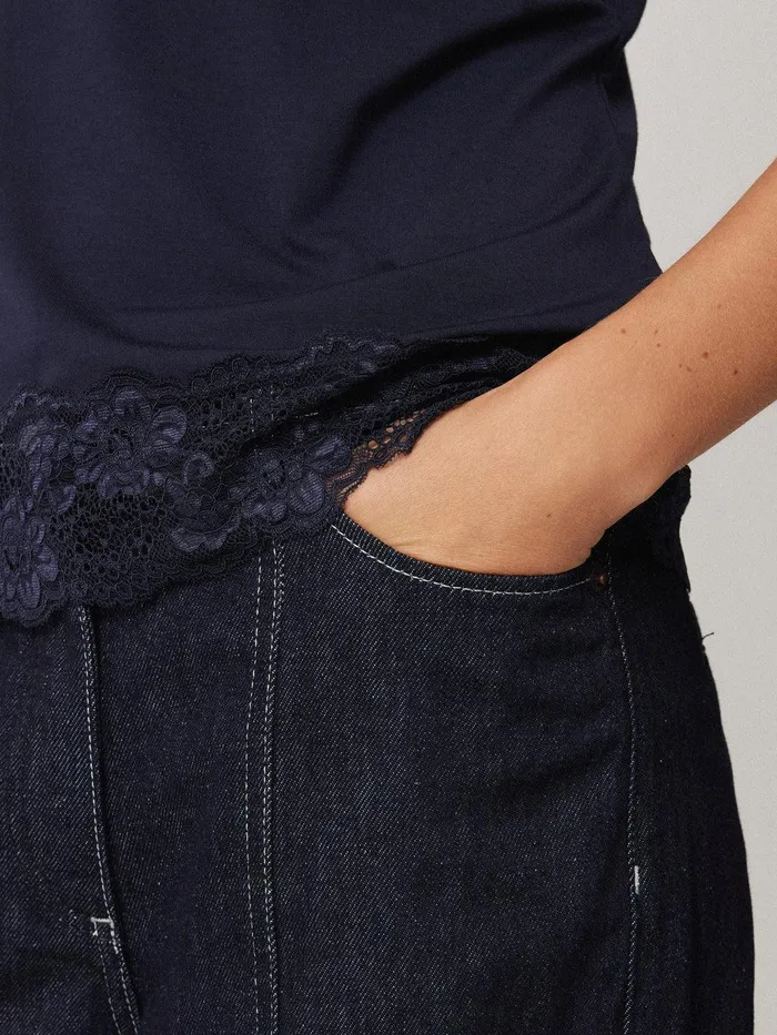 Women Modal Lace Vest Navy Jigsaw Shirts and Tops