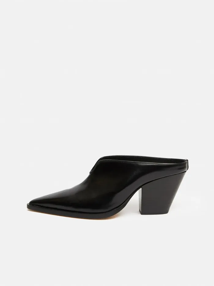 Women Oakley Heeled Mule Black Jigsaw Leather