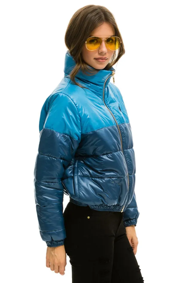 Women Outerwear Aviator Nation COLOR BLOCK HALF AND HALF APRES PUFFER JACKET 8211 OCEAN GLOSSY Women Outerwear Aviator Nation COLOR BLOCK HALF AND HALF APRES PUFFER JACKET 8211 OCEAN GLOSSY